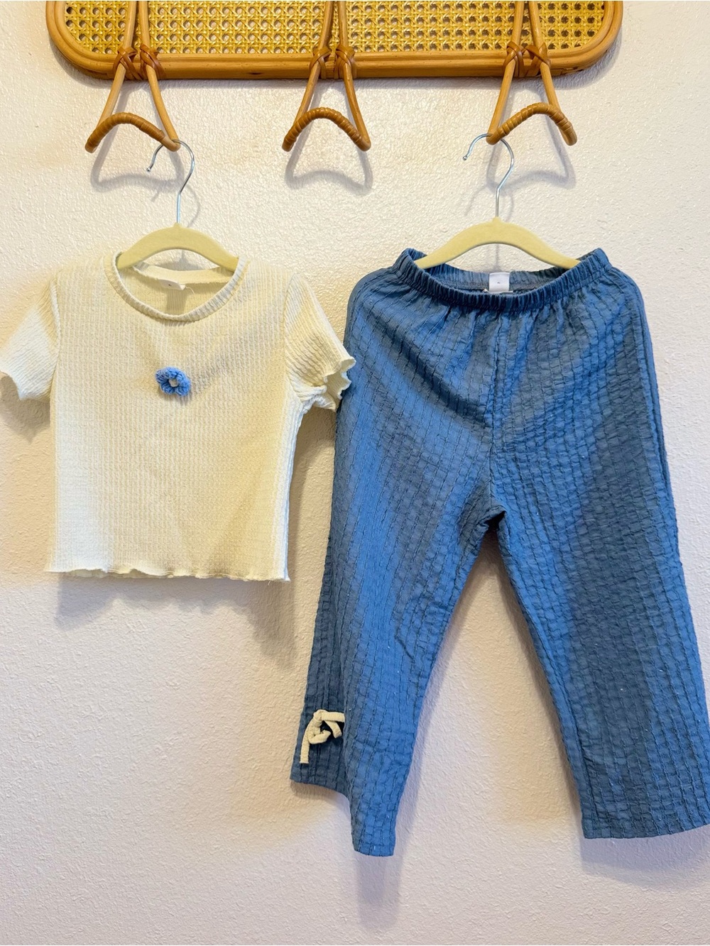 SHEIN Cream Short-Sleeve Top & Blue Waffle Pants Kids Pajama Set